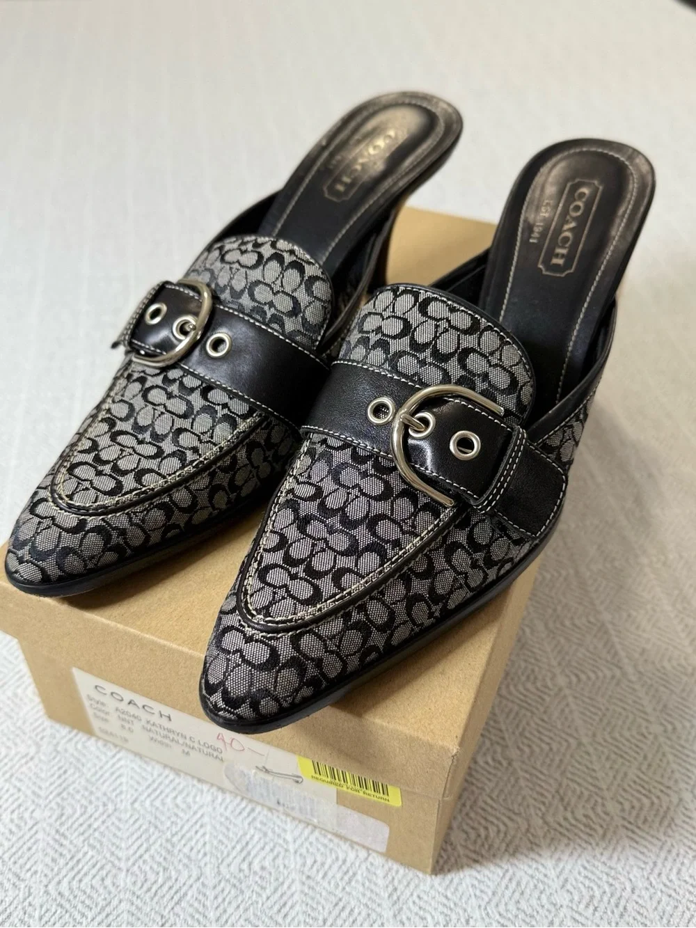 Vintage Coach Logo Canvas Mules Kitten Heels Pointy Toe Buckled with box 8 1/2